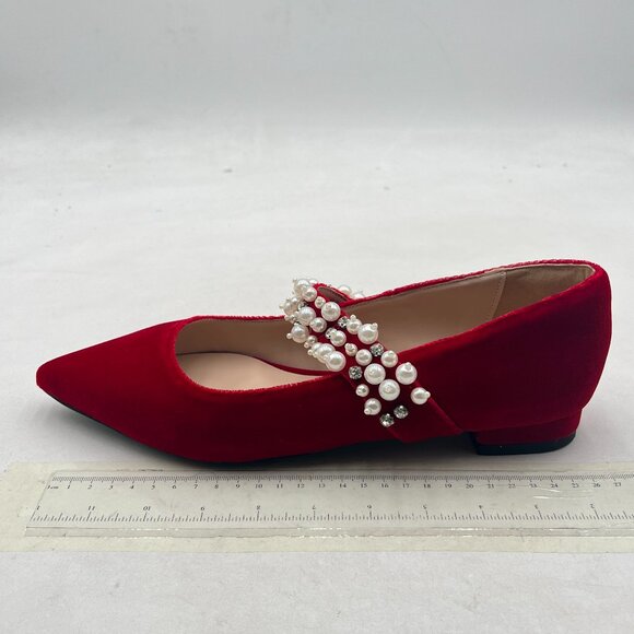 XYD Red Pointed Toe Velvet Flats Pearl Strap Beaded Mary Jane Stylish Retro Shoe - Picture 2 of 8
